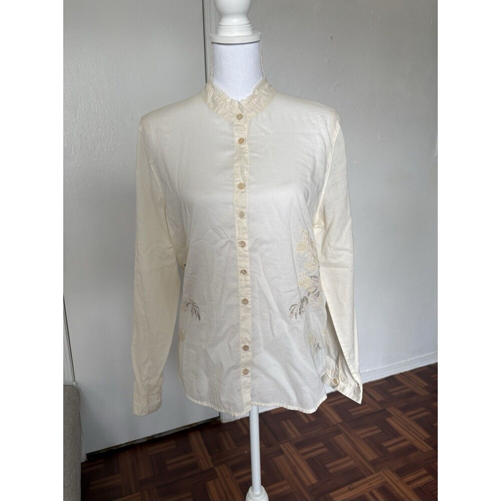 J. Jill Women's Cream Boho CottageCore Sheer Embroidered Top Size Medium